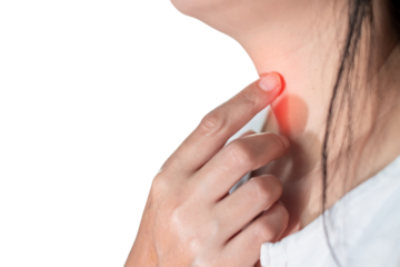 Sore throat, Close up woman scratch the neck by hand at home, due to itching in the throat, throat infection, flu, irritation. isolated on transparen t background, PNG File