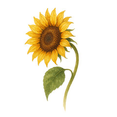 Watercolor Sunflower with Yellow Petals and Green Leaf