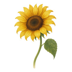 Obraz premium Watercolor Sunflower with Yellow Petals and Green Leaf