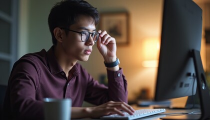 A young Asian man, wearing glasses, is deeply focused on his computer screen in a dimly lit room. The warm glow from a nearby lamp creates a cozy atmosphere, highlighting his concentration and