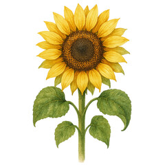 Watercolor Illustration of a Sunflower with Green Leaves and Detailed Petals