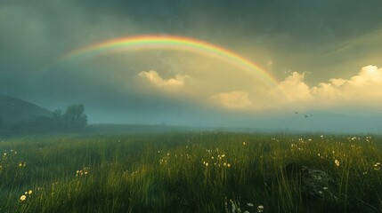 Naklejka premium rainbow over lush green field