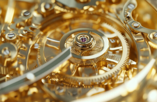 Close-up of intricate gold clockwork gears, suitable as a steampunk background