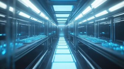 Obraz premium Futuristic lab corridor glows with blue light