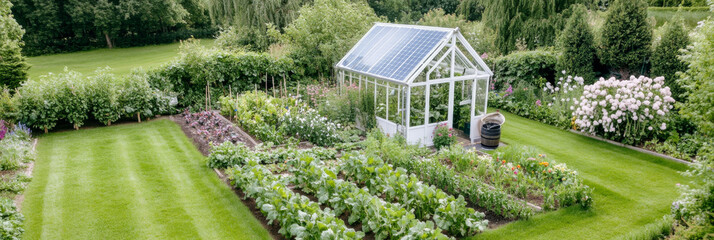 Garden with small greenhouse and vegetable beds, aerial view, sustainable gardening