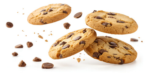 Floating chocolate chip cookies white background
