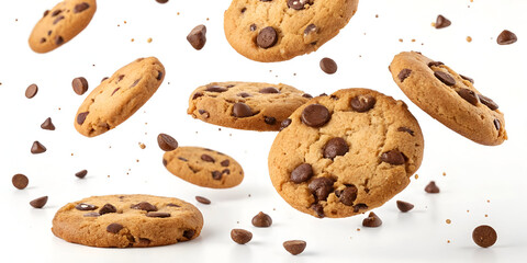 Floating chocolate chip cookies white background