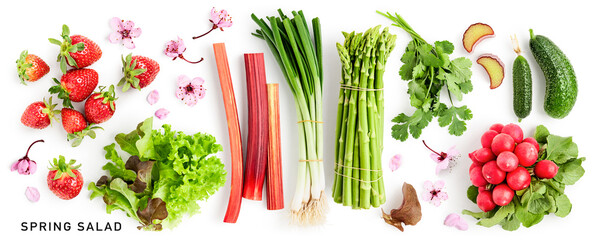 Vegetables, berries and cherry flowers spring salad collection photography isolated on white...