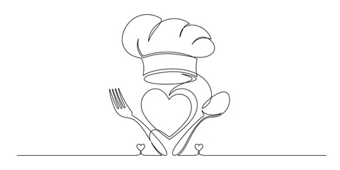 Chef hat and cutlery vector continuous line art style 5