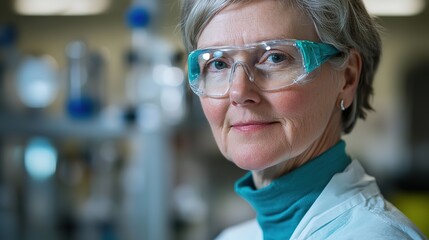 Scientist in protective gear, focused expression, soft light, blurred lab background; dedication to scientific discovery in action.