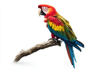 Fototapeta premium Scarlet Macaw Perched on a Branch with Vibrant Colors Isolated
