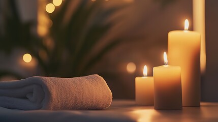 Spa room with candles and warm light, creating a serene and relaxing atmosphere.