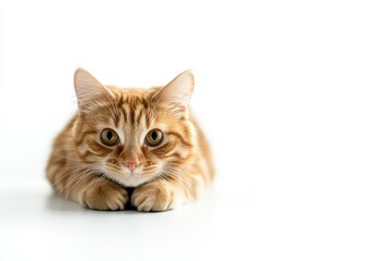 Ginger Cat Lying Down Looking at Camera on White Background