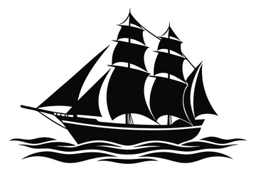 Sailing Ship Silhouette on Ocean Waves, Minimalist Black and White
