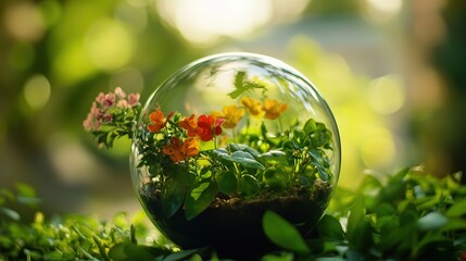 Vibrant Globe Terrarium with Lush Plants and Flowers, Symbolizing Earth Day's Eco-Friendly Spirit