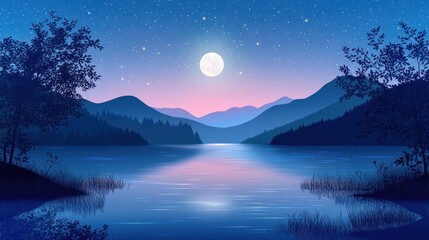 Night Lake Mountain Moonlit Landscape