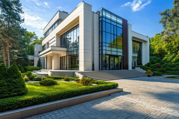 A modern luxury home with clean lines, large glass windows, and a lush garden offering an elegant, tranquil, and sophisticated living environment