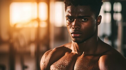 Young black athlete in focus, side-lit intensity, blurred gym backdrop, strength and determination in motion.