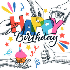 Letters, forming word Happy Birthday in human hands. Vector sketch illustration. Banner, poster, greeting card design