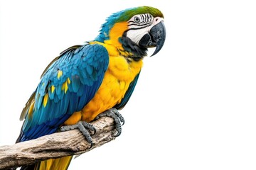 Colorful Macaw Perched on Branch Against White Background for Wildlife Content