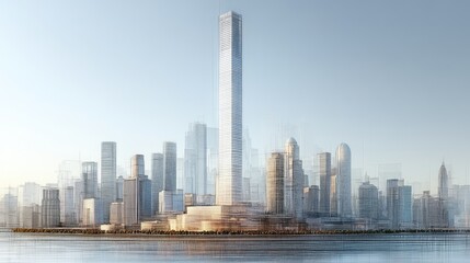 Obraz premium Modern city skyline with towering skyscraper