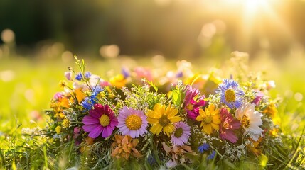 Vibrant flower crown with spring blossoms, symbolizing youth and renewal in a warm, uplifting moment.