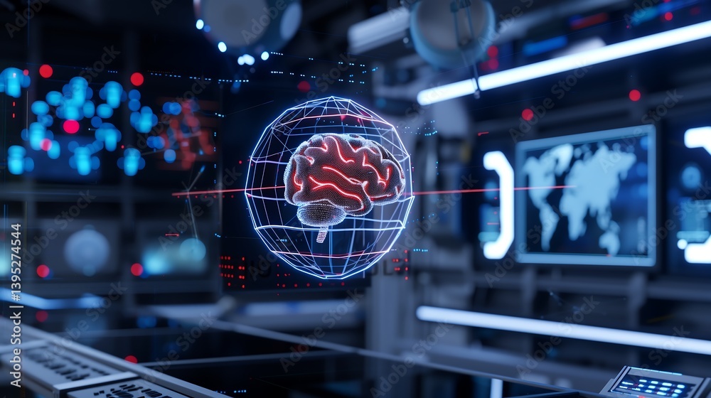 Poster a futuristic artificial intelligence augmented reality visualization featuring a glowing holographic