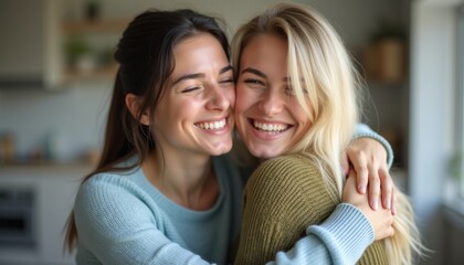 In a warm and inviting indoor setting, two women share a heartfelt hug, their faces glowing with happiness. The image captures the essence of friendship and connection, showcasing their genuine joy