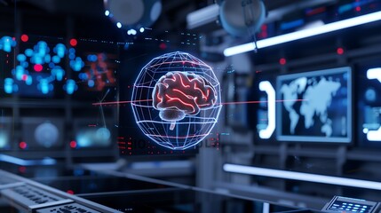 A futuristic artificial intelligence augmented reality visualization featuring a glowing holographic AI brain interface, digital data streams and neural connections floating mid-air