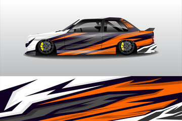 Obraz premium Stylized car illustration featuring vibrant orange and purple graphics on a sleek vehicle design