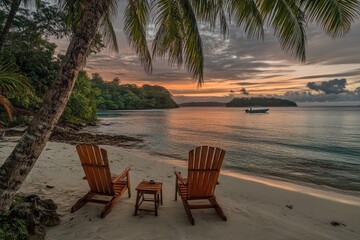Tropical Beach Sunset with Adirondack Chairs