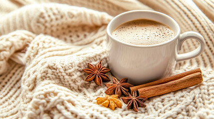 Cozy autumn or winter setting featuring a coffee cup, cinnamon sticks, star anise, and a beige sweater draped over a cream-colored knitted blanket, creating a warm, inviting atmosphere