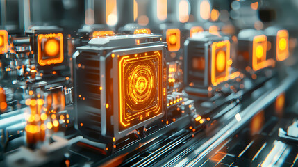 A futuristic close-up of a circuit board featuring glowing orange elements, showcasing technology and intricate details in a sleek design.