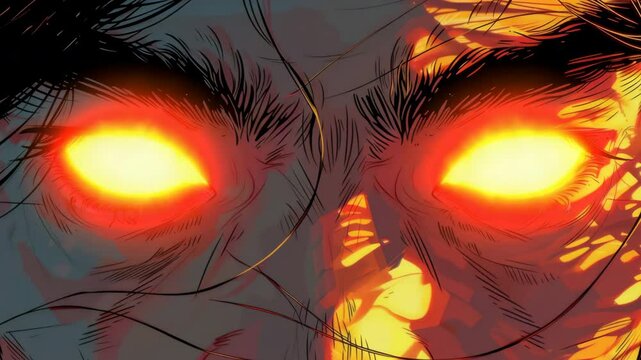 Serious male face with red burning eyes close-up for anime, manga in Japanese style. Anger emotion. Dramatic cartoon-like expression. Angry man illustration art. Asian culture.