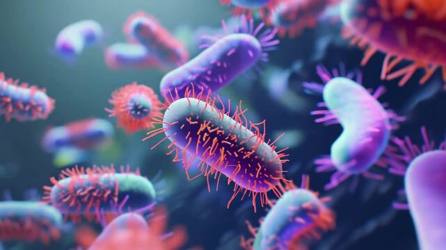 Microbiome intestine factories microbiota. Gut health. Many microbes under microscope close up. Realistic molecular cells bacterium colony. Macro medicine microbe. Bacterial immune. Dirty hand E. coli