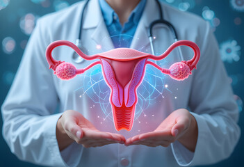 Gynecologist Presenting a Holographic Image of the Uterus and Fallopian Tubes, Women's Health

