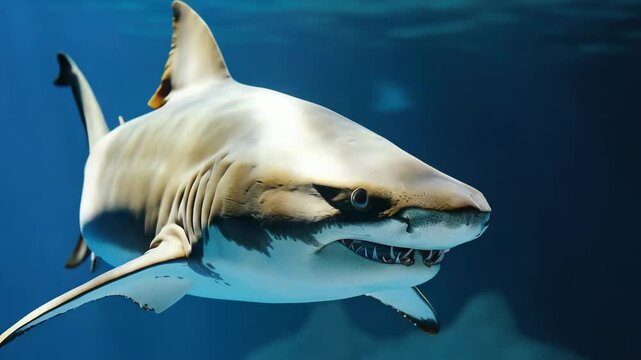 Close-up of great white shark swimming underwater. Wild scary predator in ocean. Grey Reef Shark in blue water. Dangerous marine animal with sharp teeth. Beautiful seascape.