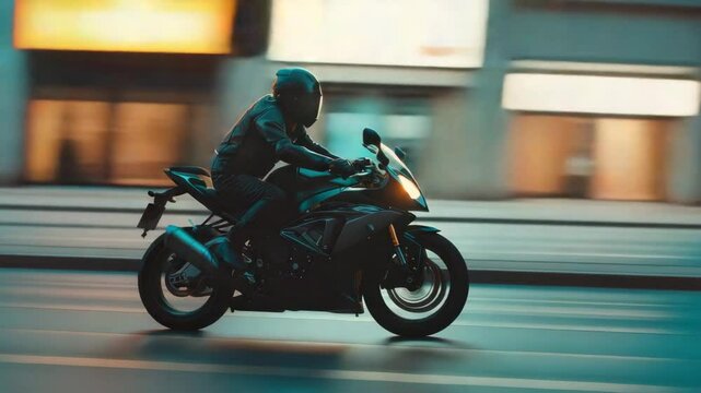 Motorbike rider drive very fast. Cool motorcyclist ride motor bike. Blur city background. Fast speed concept. Brutal biker on motorcycle. Extreme racer journey. Moto adrenaline. Urban road way.