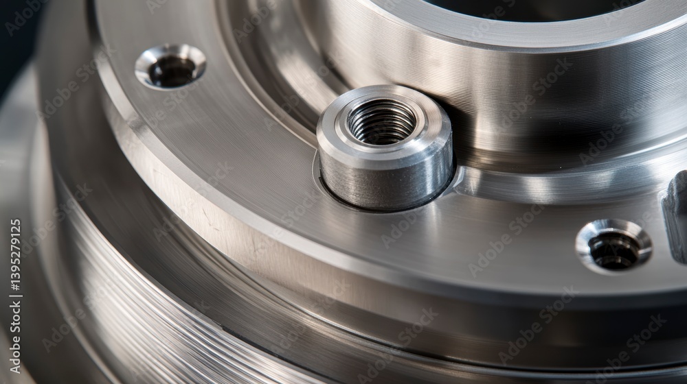 Leinwandbilder close-up of a precision-machined metal component with visible threading and mounting holes.