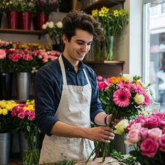 the young guy working in the flower shop, holding the bouquet of flowers.