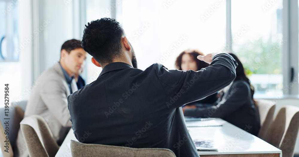 Poster back, business man and discussion in meeting for financial compliance, budget monitoring and perform