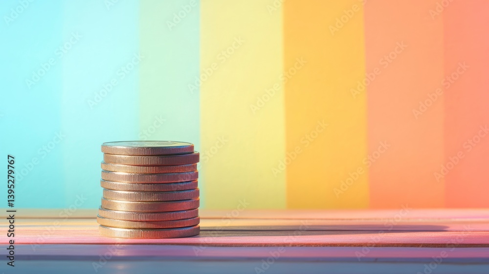 Poster stack of coins on wooden surface against colorful background.