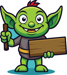 Cartoon goblin holding a blank wooden sign. Editable space for text or message. Playful green goblin character in flat vector style, ideal for banners, digital ads, or printable content.