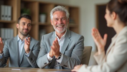 A joyful business meeting captures a moment of celebration as a smiling older man applauds a woman presenting, while a younger man looks on with admiration. This vibrant scene radiates positivity and