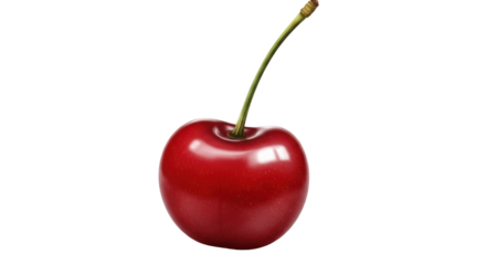 Fresh red cherry with a green stem against a plain background, highlighting its glossiness