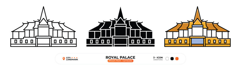 Naklejka premium Royal Palace Line Icon. Phnom Penh, Cambodia Landmark, Silhouette, Color Vector, Editable Stroke.