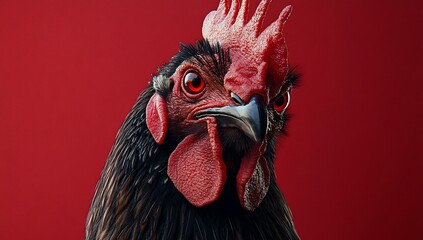Rooster close-up on red background