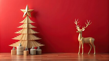 Elegant gold deer and wooden Christmas tree against a red wall