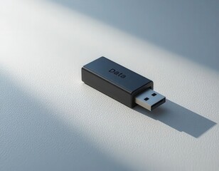 Data blocker protection concept. A sleek black USB flash drive rests on a surface, capturing soft light and casting a gentle shadow.