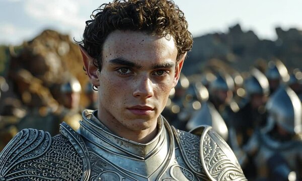 Young warrior in shining armor stands resolutely among a battalion of armored soldiers at dawn
